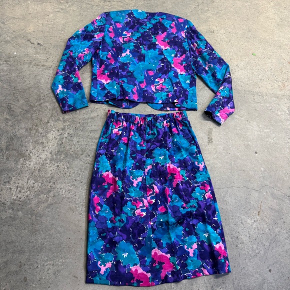 Vintage Spenser Jeremy Blue Silk Floral Two-Piece Blazer Skirt Set Size 12 - Picture 10 of 12